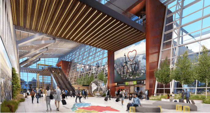 An artist's rendering of a large lobby at JFK Airport with people walking around.