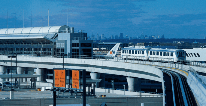 A train on a track at JFK Airport.