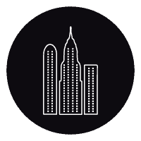 A black and white icon of a skyscraper.
