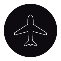 A white airplane icon on a black background.