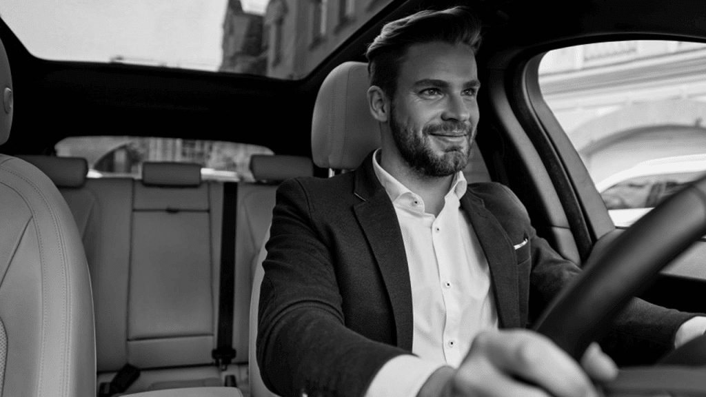A man driving a car with a smile on his face.