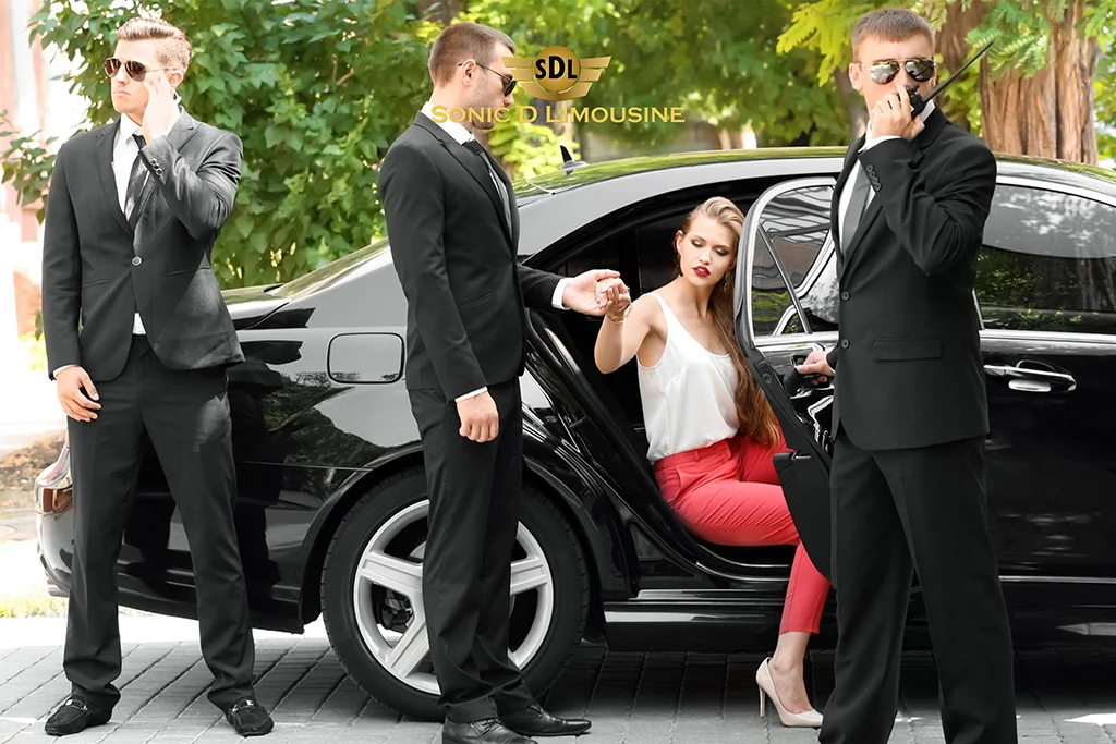 Sonic D Limousine A group of people in suits and tuxedos standing next to a black car.