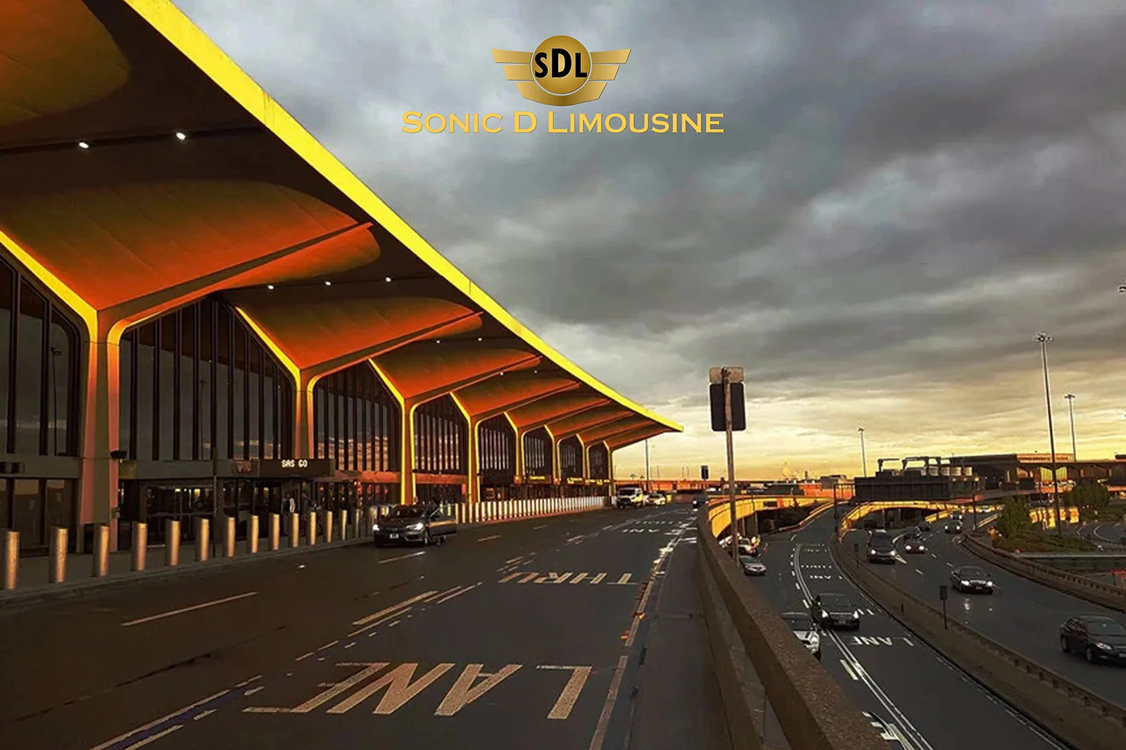 Sonic D Limousine An airport with a large building and a yellow sign.