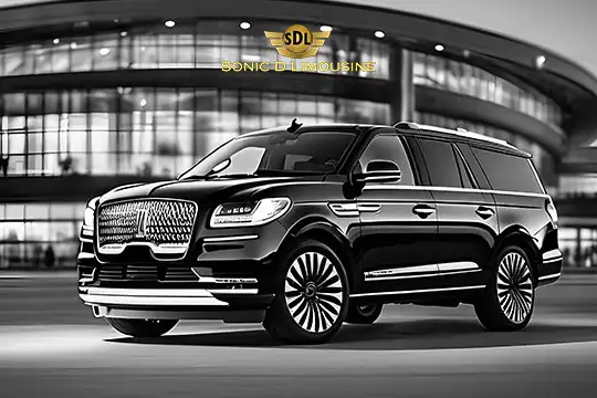 Sonic D Limousine Worldwide Voted Most Reliable Airport Transportation Provider! A sleek black SUV is parked in front of a modern building with large windows, featuring the logo for Sonic D Limousine Luxury Airport Transportation at the top. Sonic D Limousine Worldwide your luxury Airport Transportation