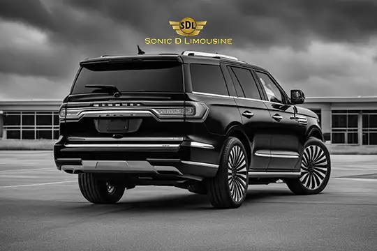 Sonic D Limousine Worldwide Voted Most Reliable Airport Transportation Provider! A black luxury SUV labeled "Sonic D Limousine," perfect for airport transportation, is parked in a lot with a modern building background under a cloudy sky. Sonic D Limousine Worldwide your luxury Airport Transportation