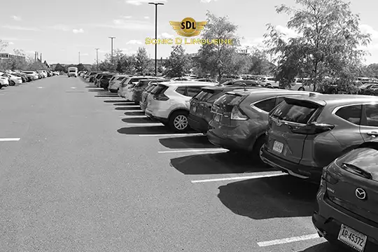 Sonic D Limousine Worldwide Voted Most Reliable Airport Transportation Provider! A parking lot filled with cars arranged in neat rows under a partly cloudy sky, including a sleek Sonic D Limousine poised to provide luxury airport transportation. Sonic D Limousine Worldwide your luxury Airport Transportation