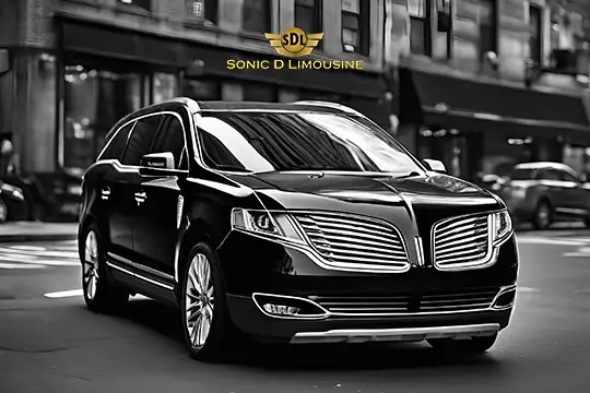 Sonic D Limousine Worldwide Voted Most Reliable Airport Transportation Provider! A black luxury limousine, branded with "Sonic D Limousine Luxury Airport Transportation," is parked on a bustling city street. Sonic D Limousine Worldwide your luxury Airport Transportation