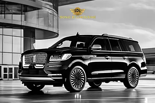 Sonic D Limousine Worldwide Voted Most Reliable Airport Transportation Provider! A black luxury SUV is parked in front of a modern building, with an "SDL Sonic D Limousine Luxury Airport Transportation" sign visible in the background. Sonic D Limousine Worldwide your luxury Airport Transportation