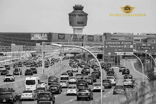 Sonic D Limousine Worldwide Voted Most Reliable Airport Transportation Provider! Black and white image of heavy traffic on a highway leading to LaGuardia Airport, with the airport control tower and terminal signs visible in the background. Amidst the congestion, a Sonic D Limousine weaves through seamlessly, showcasing luxury airport transportation at its finest. Sonic D Limousine Worldwide your luxury Airport Transportation