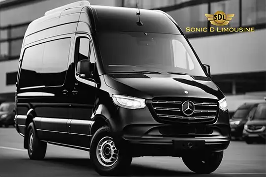 Sonic D Limousine Worldwide Voted Most Reliable Airport Transportation Provider! A black Mercedes-Benz Sprinter van is parked in front of a building, with a logo in the top-right corner that reads "Sonic D Limousine Luxury Airport Transportation. Sonic D Limousine Worldwide your luxury Airport Transportation