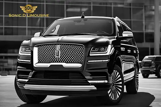 Sonic D Limousine Worldwide Voted Most Reliable Airport Transportation Provider! A black luxury SUV is parked in front of a modern building, showcasing the logo "SDL Sonic D Limousine Luxury Airport Transportation" in the top left corner. Sonic D Limousine Worldwide your luxury Airport Transportation