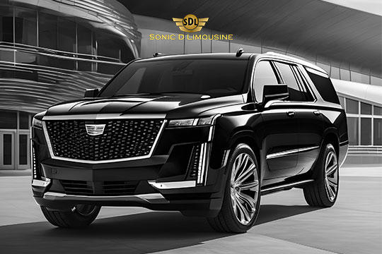 Sonic D Limousine Worldwide Voted Most Reliable Airport Transportation Provider! A black luxury SUV is parked in front of a modern building, embodying the excellence of Sonic D Limousine's luxury airport transportation services. The logo "SDL Sonic D Limousine" is proudly displayed above the vehicle. Sonic D Limousine Worldwide your luxury Airport Transportation