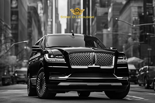 Sonic D Limousine Worldwide Voted Most Reliable Airport Transportation Provider! A black luxury limousine glides through a city street, featuring the "Sonic D Limousine" logo at the top—a testament to superior Luxury Airport Transportation. Sonic D Limousine Worldwide your luxury Airport Transportation