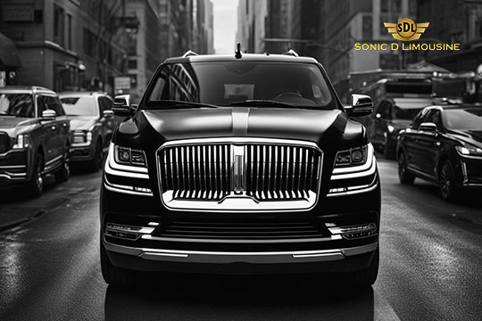 Sonic D Limousine Worldwide Voted Most Reliable Airport Transportation Provider! Front view of a black luxury SUV with Sonic D Limousine branding, driving on a busy city street amidst other vehicles, showcasing their top-tier Luxury Airport Transportation. Sonic D Limousine Worldwide your luxury Airport Transportation