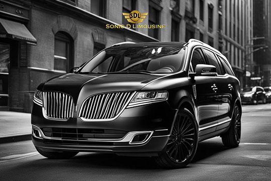 Sonic D Limousine Worldwide Voted Most Reliable Airport Transportation Provider! Black luxury SUV with a winged "SDL" logo on the roof, parked on an urban street. "Sonic D Limousine Luxury Airport Transportation" branding is visible above the vehicle. Sonic D Limousine Worldwide your luxury Airport Transportation