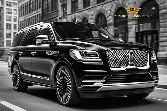 Sonic D Limousine Worldwide Voted Most Reliable Airport Transportation Provider! A black luxury SUV with chrome accents and the Sonic D Limousine Luxury Airport Transportation logo cruises down a city street. Sonic D Limousine Worldwide your luxury Airport Transportation