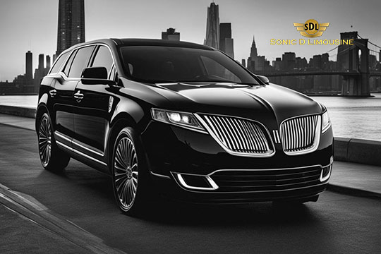 Sonic D Limousine Worldwide Voted Most Reliable Airport Transportation Provider! A black luxury SUV is parked in front of an urban skyline with a body of water in the background. The logo "Sonic D Limousine Luxury Airport Transportation" is visible in the upper right corner. Sonic D Limousine Worldwide your luxury Airport Transportation