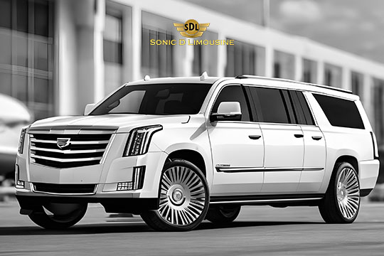 Sonic D Limousine Worldwide Voted Most Reliable Airport Transportation Provider! A white luxury limousine with Sonic D Limousine Luxury Airport Transportation branding is parked in front of a modern building. The vehicle boasts a distinctive grille and large alloy wheels, epitomizing sophistication and style. Sonic D Limousine Worldwide your luxury Airport Transportation