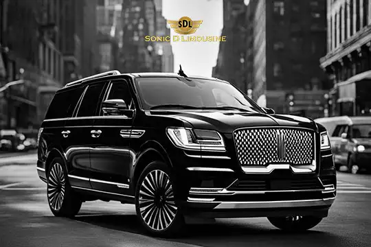 Sonic D Limousine Worldwide Voted Most Reliable Airport Transportation Provider! A black luxury SUV is parked on a city street in front of the Sonic D Limousine Luxury Airport Transportation logo. Sonic D Limousine Worldwide your luxury Airport Transportation