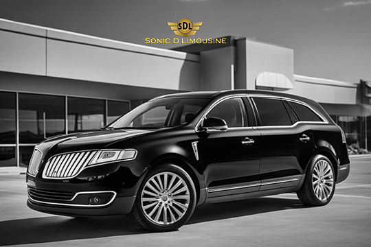 Sonic D Limousine Worldwide Voted Most Reliable Airport Transportation Provider! A black luxury SUV is parked in front of a modern building, showcasing the "Sonic D Limousine Luxury Airport Transportation" logo above. Sonic D Limousine Worldwide your luxury Airport Transportation