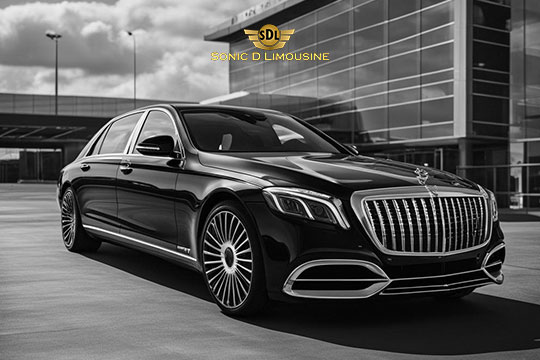 Sonic D Limousine Worldwide Voted Most Reliable Airport Transportation Provider! A black luxury limousine, perfect for airport transportation, is parked in front of a modern building. The logo on the image reads, "Sonic D Limousine. Sonic D Limousine Worldwide your luxury Airport Transportation