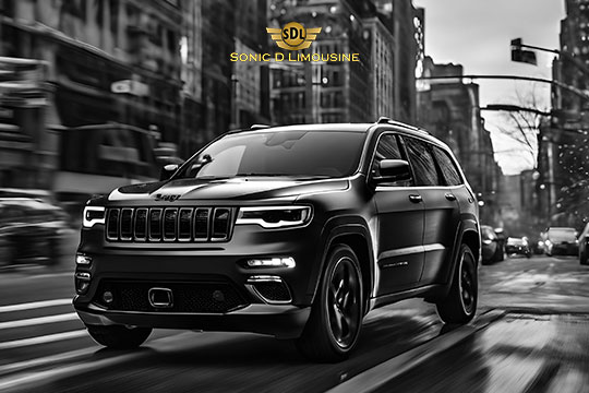 Sonic D Limousine Worldwide Voted Most Reliable Airport Transportation Provider! A sleek, black SUV from Sonic D Limousine glides through a bustling city street, framed by towering buildings. The "Sonic D Limousine" logo shines atop, highlighting their Luxury Airport Transportation services. Sonic D Limousine Worldwide your luxury Airport Transportation