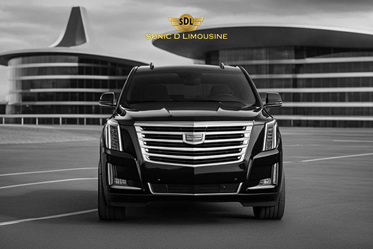Sonic D Limousine Worldwide Voted Most Reliable Airport Transportation Provider! Front view of a black luxury SUV parked in front of a modern building complex. The logo for Sonic D Limousine Luxury Airport Transportation is at the top of the image. Sonic D Limousine Worldwide your luxury Airport Transportation