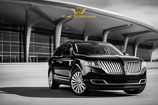 Sonic D Limousine Worldwide Voted Most Reliable Airport Transportation Provider! A black luxury SUV is parked in front of a modern building, showcasing the "Sonic D Limousine Luxury Airport Transportation" logo prominently above in the background. Sonic D Limousine Worldwide your luxury Airport Transportation