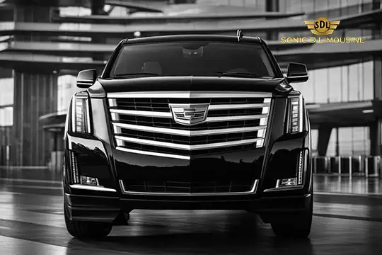 Sonic D Limousine Worldwide Voted Most Reliable Airport Transportation Provider! A sleek black Cadillac SUV parked in front of a modern building with the "SDL Sonic D Limousine Luxury Airport Transportation" signage in the background. Sonic D Limousine Worldwide your luxury Airport Transportation