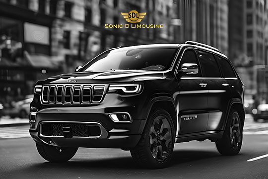 Sonic D Limousine Worldwide Voted Most Reliable Airport Transportation Provider! Black SUV with "Sonic D Limousine" logo on a city street in front of tall buildings, offering luxury airport transportation, viewed from the front-right angle. Sonic D Limousine Worldwide your luxury Airport Transportation