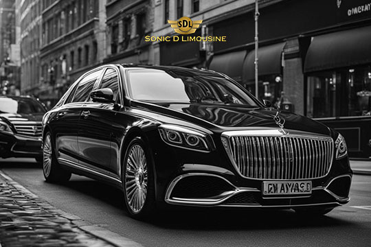 Sonic D Limousine Worldwide Voted Most Reliable Airport Transportation Provider! A black luxury limousine is parked on a city street with the text "Sonic D Limousine Luxury Airport Transportation" displayed in a logo above it. Sonic D Limousine Worldwide your luxury Airport Transportation