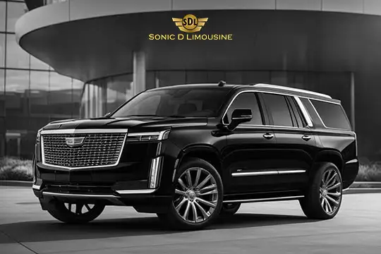 Sonic D Limousine Worldwide Voted Most Reliable Airport Transportation Provider! A black luxury SUV is parked in front of a modern building, showcasing the logo "SDL Sonic D Limousine." This exquisite vehicle offers unparalleled Sonic D Limousine luxury airport transportation. Sonic D Limousine Worldwide your luxury Airport Transportation
