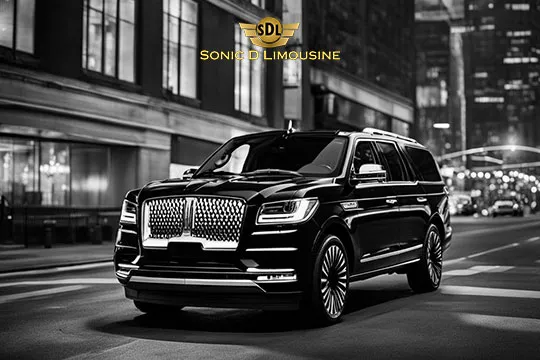Sonic D Limousine Worldwide Voted Most Reliable Airport Transportation Provider! A black luxury SUV with the Sonic D Limousine logo on top, offering elite airport transportation, is parked on a city street at night with buildings in the background. Sonic D Limousine Worldwide your luxury Airport Transportation