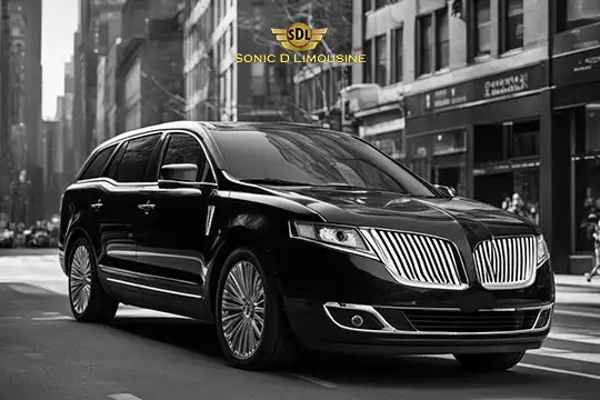 Sonic D Limousine Worldwide Voted Most Reliable Airport Transportation Provider! A black luxury SUV is parked on a city street in front of tall buildings, promoting "Sonic D Limousine Luxury Airport Transportation" with its logo above the vehicle. Sonic D Limousine Worldwide your luxury Airport Transportation