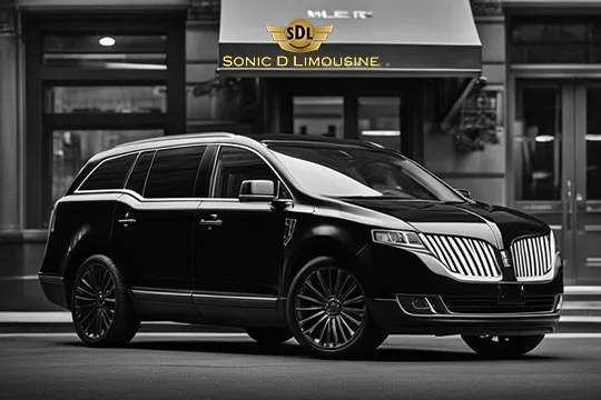 Sonic D Limousine Worldwide Voted Most Reliable Airport Transportation Provider! A black luxury SUV under a canopy, with "Sonic D Limousine Luxury Airport Transportation" elegantly displayed above. Sonic D Limousine Worldwide your luxury Airport Transportation