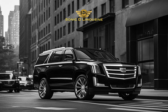 Sonic D Limousine Worldwide Voted Most Reliable Airport Transportation Provider! A black luxury SUV, showcased under the branding "Sonic D Limousine Luxury Airport Transportation," is parked on a city street with tall buildings in the background. Sonic D Limousine Worldwide your luxury Airport Transportation