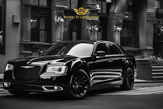 Sonic D Limousine Worldwide Voted Most Reliable Airport Transportation Provider! A black luxury sedan parked on a city street under the "Sonic D Limousine Luxury Airport Transportation" logo, with a backdrop of urban architecture. Sonic D Limousine Worldwide your luxury Airport Transportation