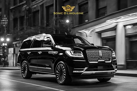 Sonic D Limousine Worldwide Voted Most Reliable Airport Transportation Provider! A black luxury SUV with the "Sonic D Limousine" logo glides through an urban setting at night, epitomizing premium airport transportation. Sonic D Limousine Worldwide your luxury Airport Transportation