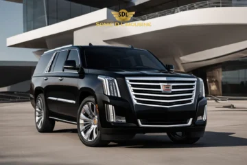 Sonic D Limousine Worldwide Voted Most Reliable Airport Transportation Provider! A black luxury SUV is parked in front of a modern building, with the text "Sonic D Limousine Luxury Airport Transportation" displayed above the vehicle. Sonic D Limousine Worldwide your luxury Airport Transportation