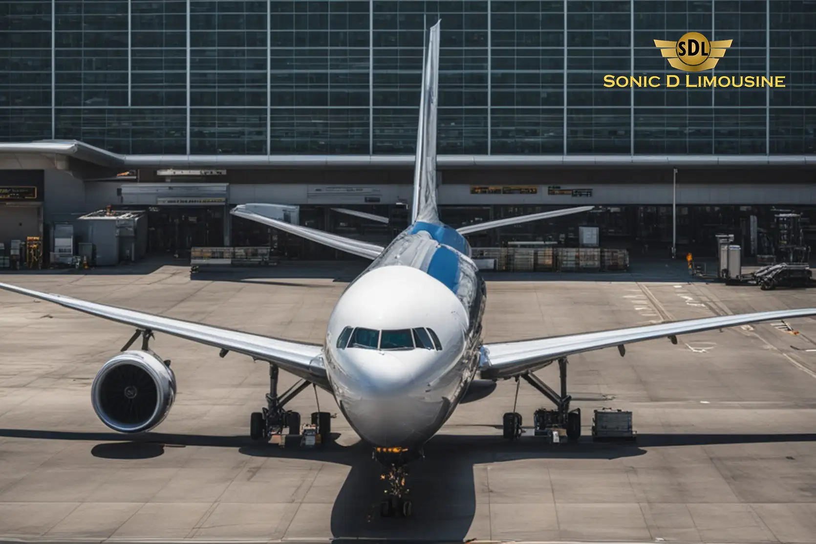 Sonic D Limousine Worldwide Voted Most Reliable Airport Transportation Provider! A commercial airplane is parked at an airport gate with its front facing the camera, showcasing a sense of serenity. In the upper right corner, a logo reads "Sonic D Limousine Luxury Airport Transportation," hinting at seamless travel connections. Sonic D Limousine Worldwide your luxury Airport Transportation