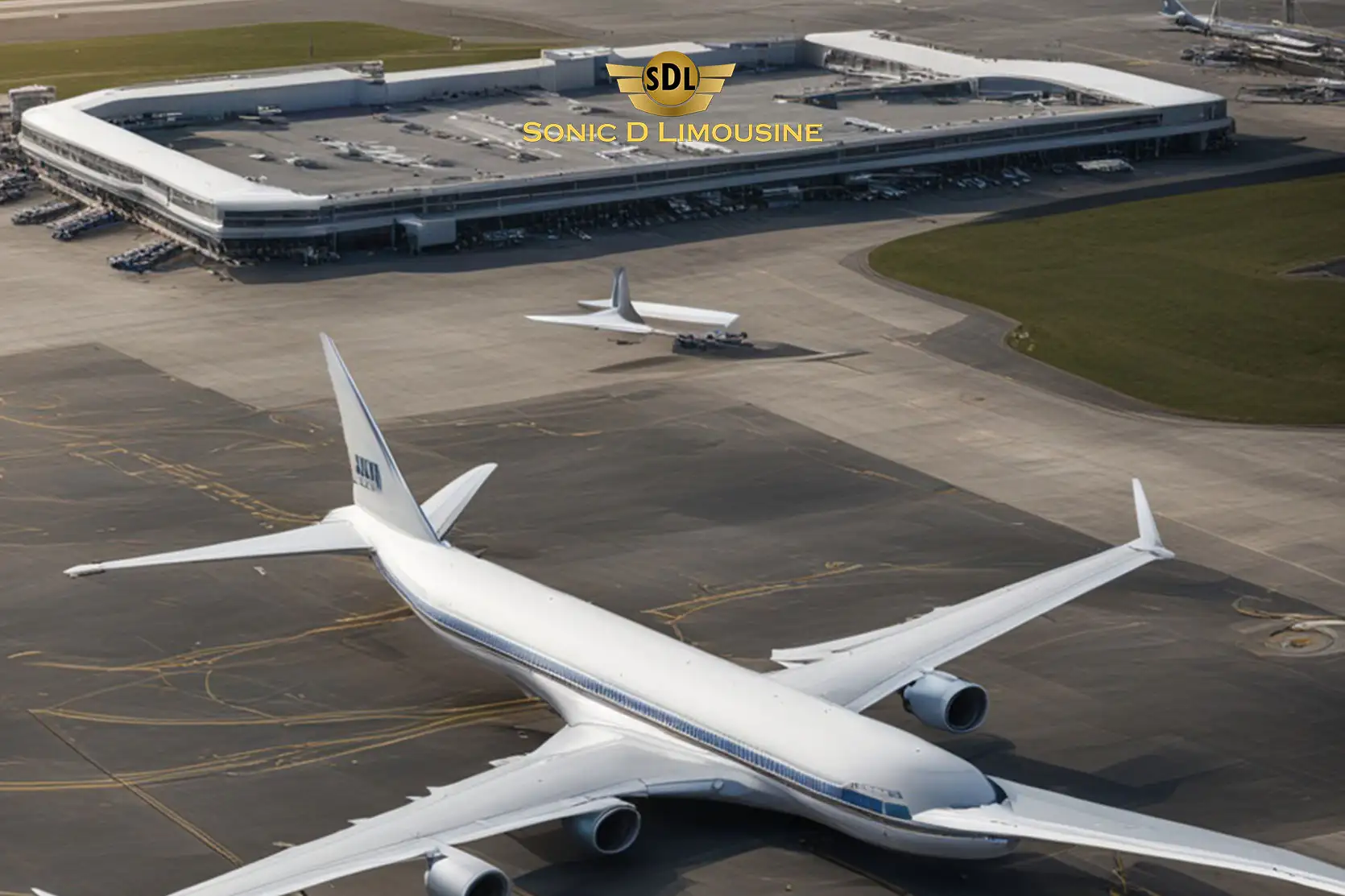 Sonic D Limousine Worldwide Voted Most Reliable Airport Transportation Provider! Aerial view of two large airplanes on the tarmac near an airport terminal building. The planes are parked, and there are vehicles beside the terminal showcasing the Sonic D Limousine logo, synonymous with Luxury Airport Transportation. Sonic D Limousine Worldwide your luxury Airport Transportation