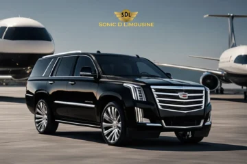 Sonic D Limousine Worldwide Voted Most Reliable Airport Transportation Provider! A black Cadillac Escalade from Sonic D Limousine Luxury Airport Transportation is parked on an airport tarmac with private jets in the background. Sonic D Limousine Worldwide your luxury Airport Transportation