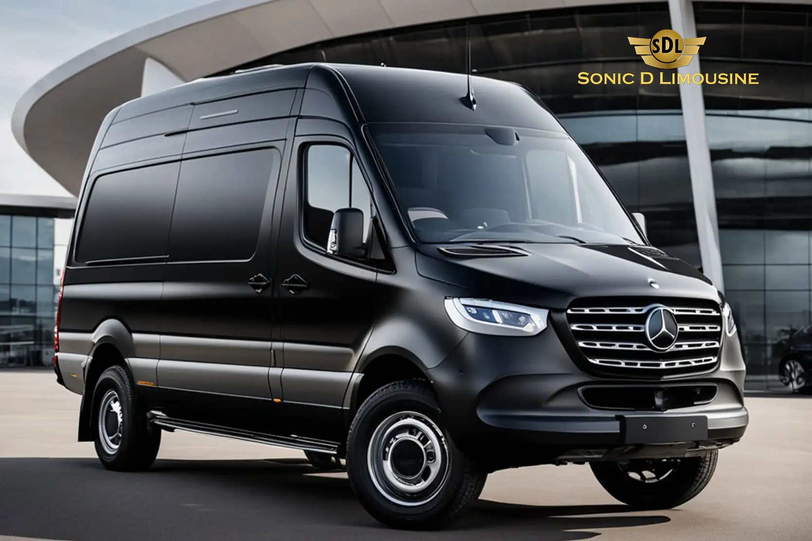 Sonic D Limousine Worldwide Voted Most Reliable Airport Transportation Provider! A black Mercedes-Benz Sprinter van is parked in front of a modern building, representing the impeccable service of Sonic D Limousine Luxury Airport Transportation. Sonic D Limousine Worldwide your luxury Airport Transportation