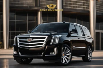 Sonic D Limousine Worldwide Voted Most Reliable Airport Transportation Provider! A black Cadillac SUV parked in front of a modern building with the "Sonic D Limousine Luxury Airport Transportation" logo displayed above it. Sonic D Limousine Worldwide your luxury Airport Transportation